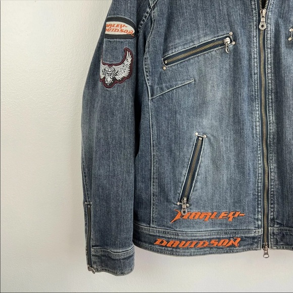 Harley Davidson Denim Jacket Patches Double Zipper - Picture 3 of 7